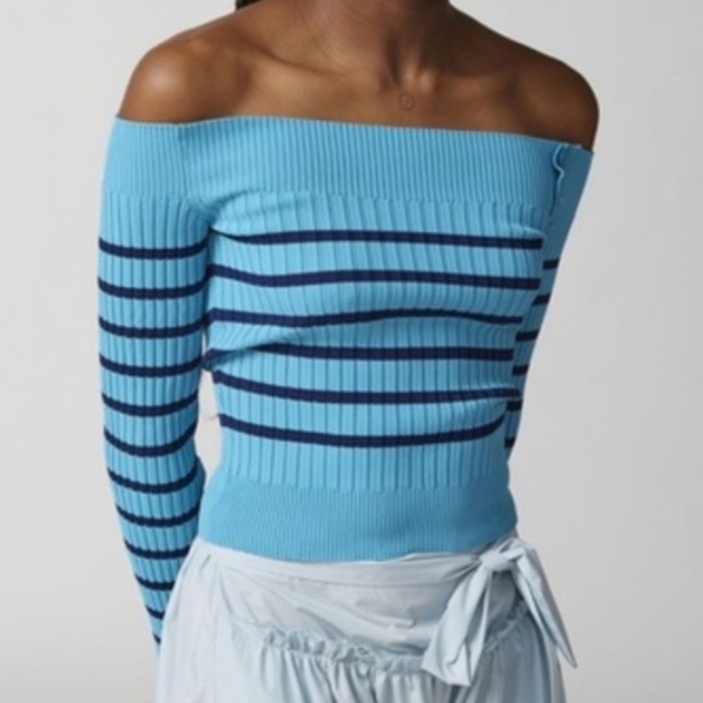 🟤NWT URBAN OUTFITTERS Tessa Buttoned Off-The-Shoulder Sweater in Lt Blue/Navy LG